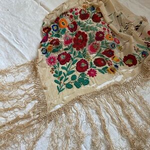 1920’s piano silk floral Embroidered Shawl with Fringe vintage antique